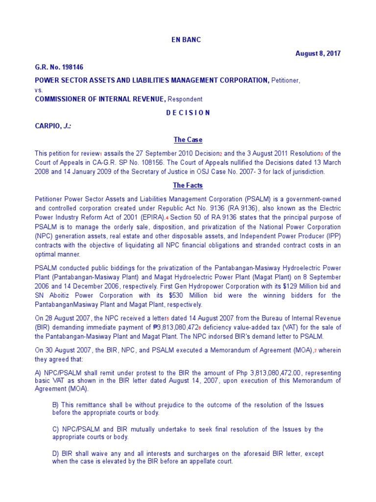 En Banc August 8, 2017 G.R. No. 198146 Power Sector Assets and