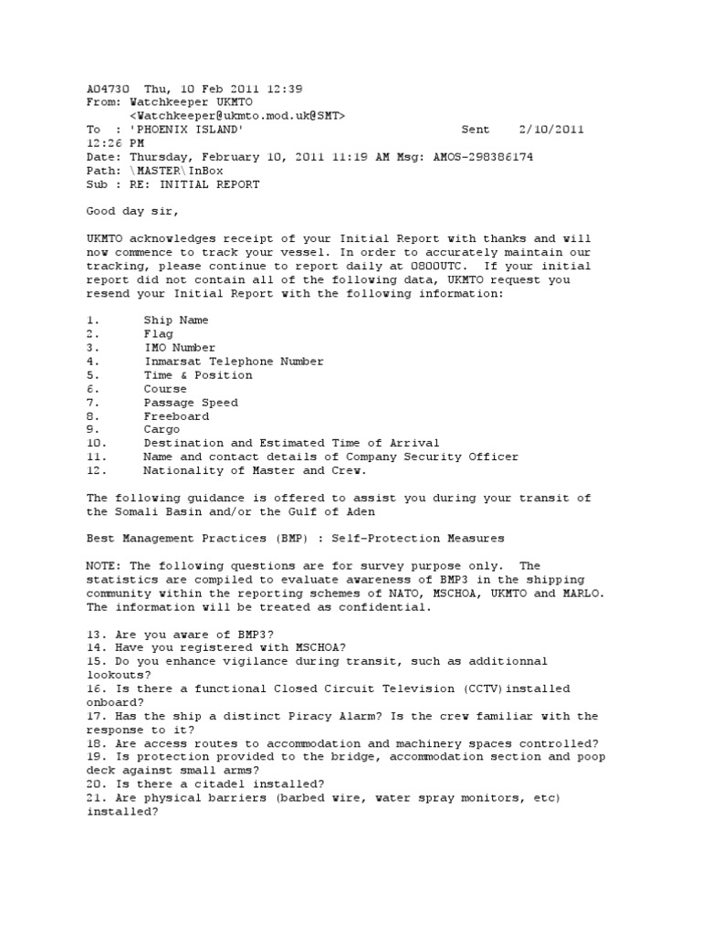 UKMTO Initial Reporting Guidelines | PDF | Piracy | Convoy