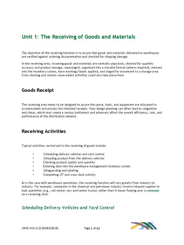 Efficient Goods Receiving Process Guide | PDF | Warehouse | Packaging ...