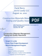 Farid Berry Sargent & Lundy LLC August 20, 2010: Construction Materials Management, Testing and Quality Assurance