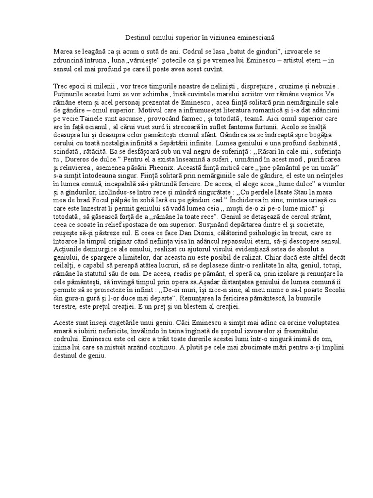 Destinul Omului Superior in Viziunea Eminesciana | PDF