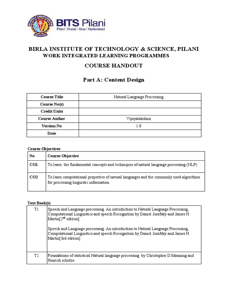 BITS Pilani Natural Language Processing Course | PDF | Parsing ...