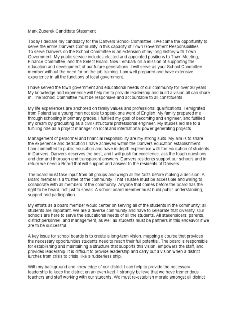 Mark Zuberek Candidate Statement | PDF | Human Nature | Further Education