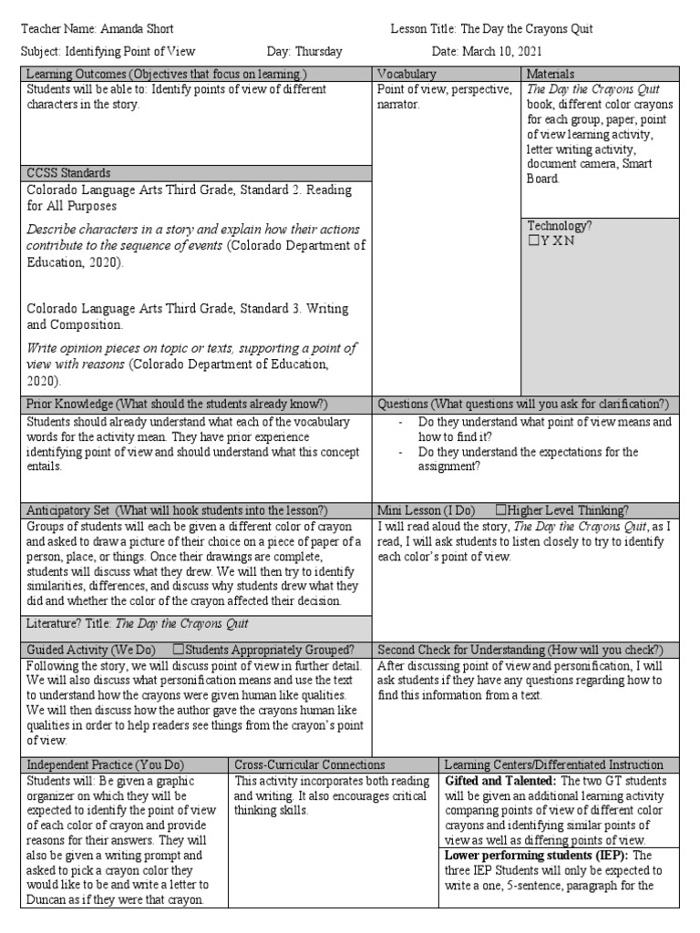Point of View Lesson Plan: Crayon Story | PDF | Narration | Educational ...
