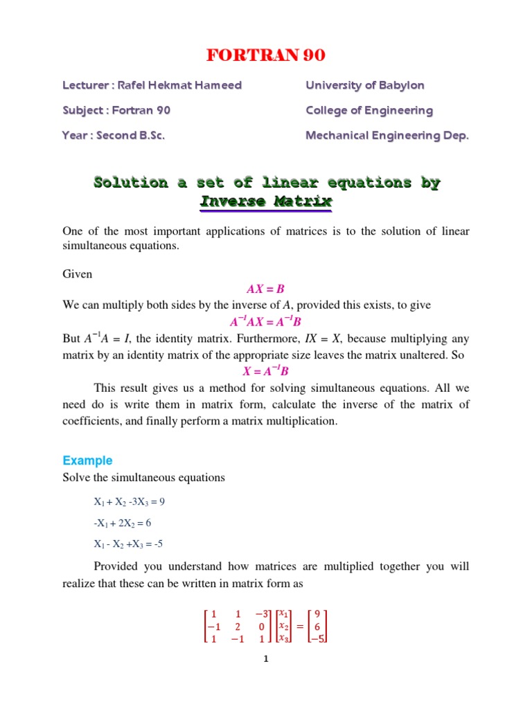A Fortran 90 Program To Solve A Set of Linear Equations by Using PDF