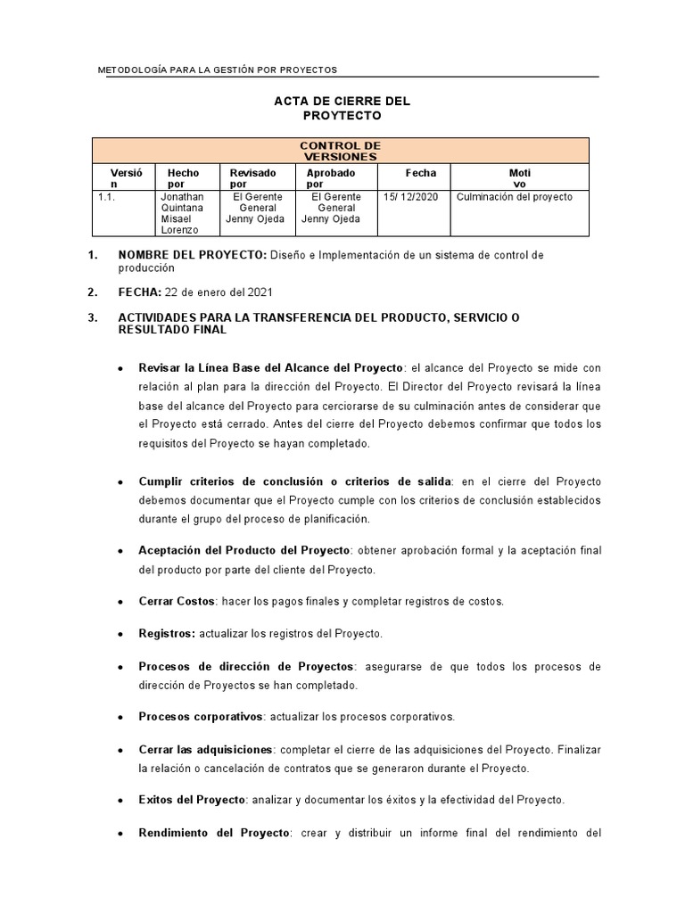 09 Acta Cierre Proyecto | PDF | Gestión de recursos humanos | Economias