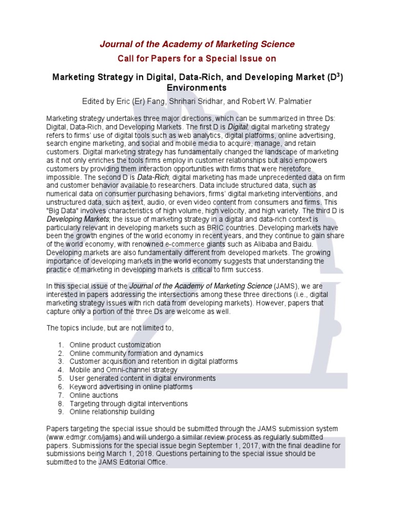 JAMS Call For Papers Marketing Strategy PDF Digital Marketing