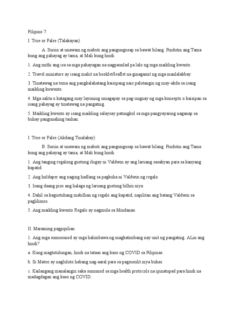 Filipino 7 - PT - MsJustine | PDF