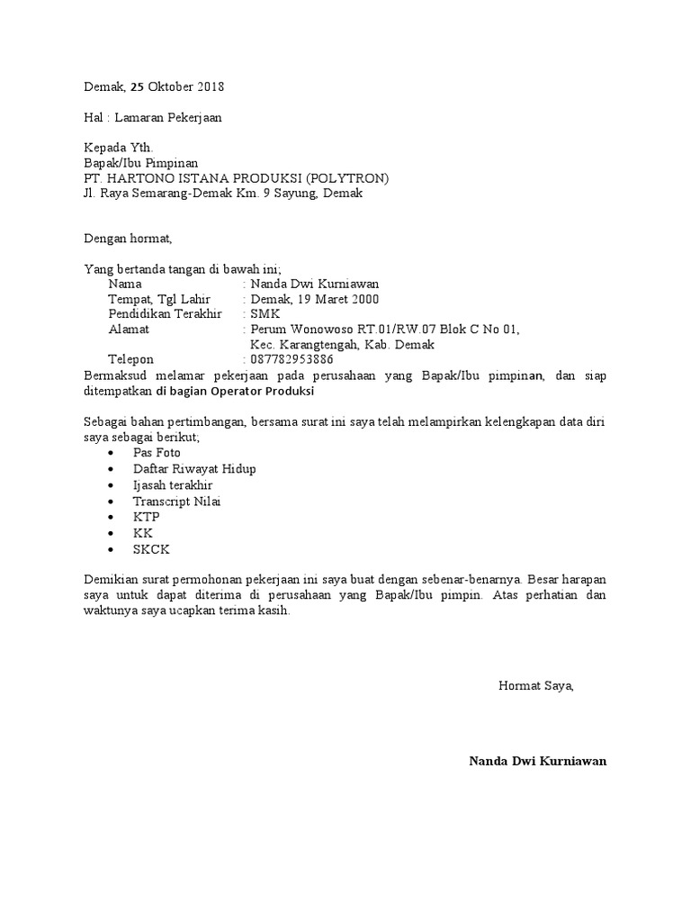 Download 68+ Contoh Surat Surat Lamaran Kerja Operator Produksi Gratis Terbaru