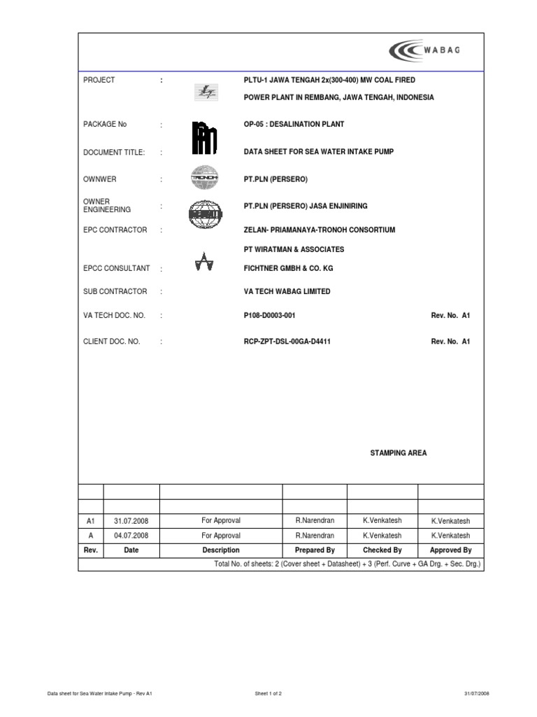 Data Sheet For Sea Water Intake Pump - Rev A1 | PDF | Pump | Energy ...