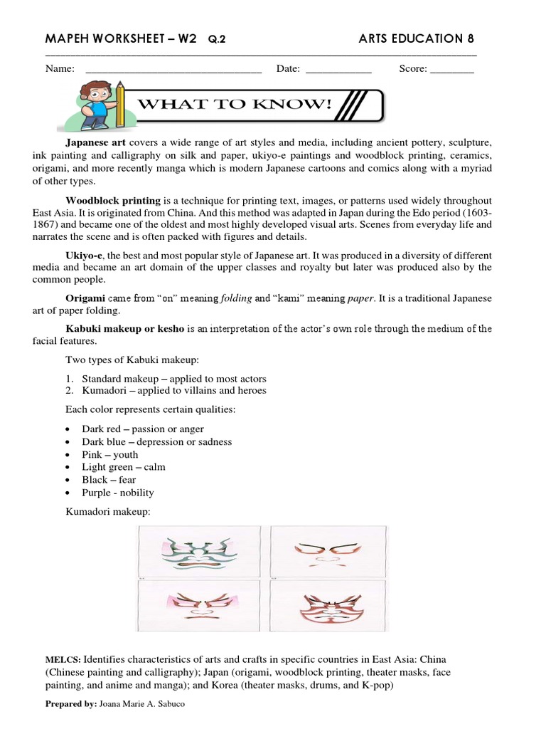 Mapeh Worksheet - W2 Arts Education 8: Melcs | PDF | Japanese Art | Ukiyo E