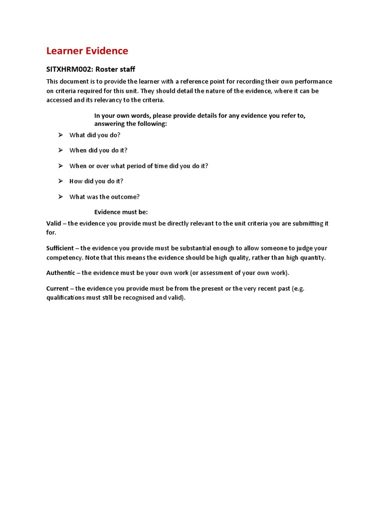 SITXHRM002 Learner Evidence V1.0 | PDF | Evidence | Regulatory Compliance