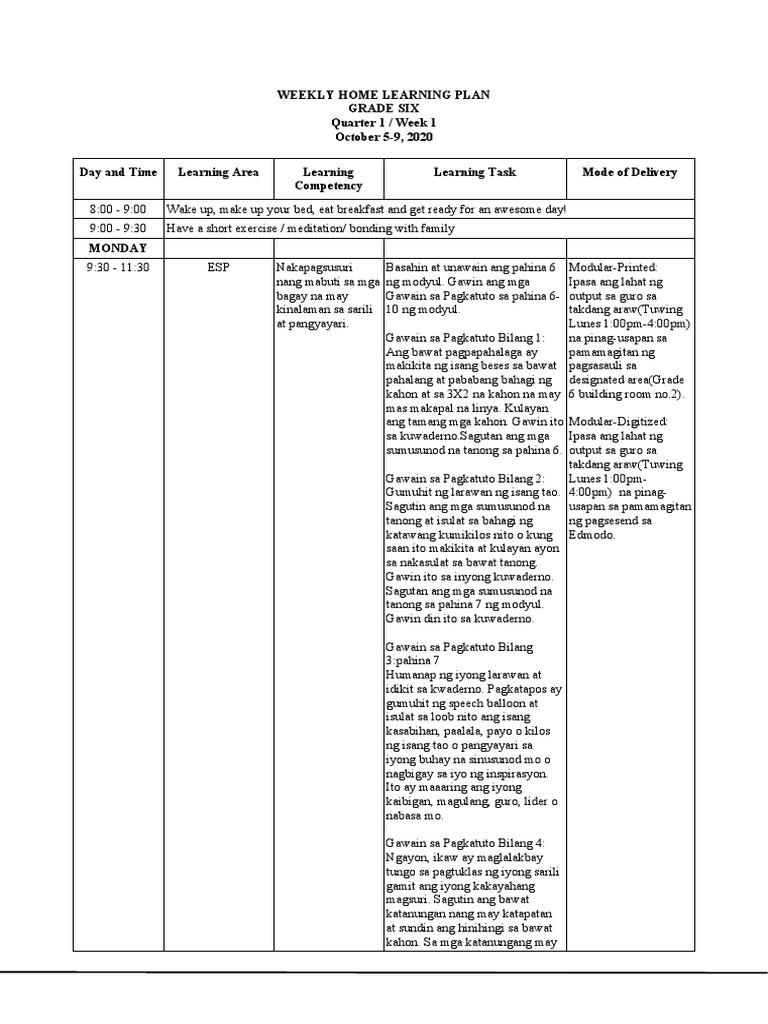 Grade 6 Weekly Home Learning Plan Q1 W1 | PDF