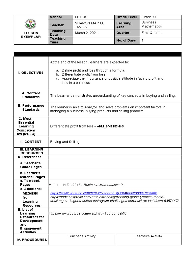 BUSINESS MATH-IDEA EXEMPLAR-DLP - Superfinal | PDF | Rubric (Academic ...