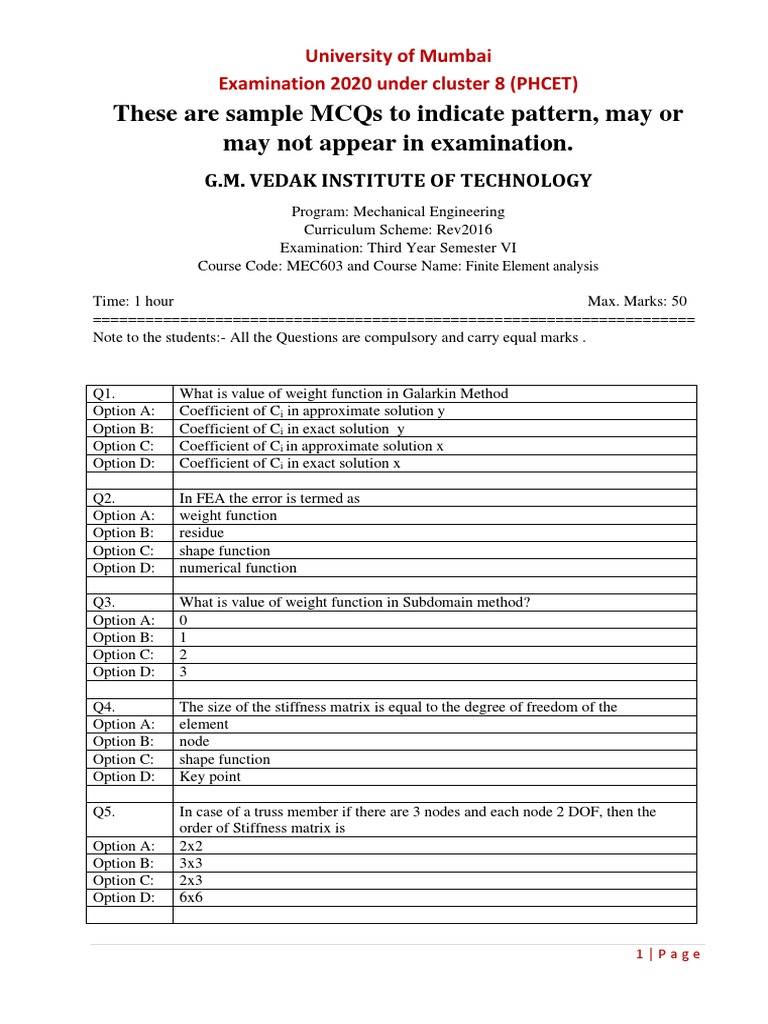These Are Sample Mcqs To Indicate Pattern, May or May Not Appear in ...