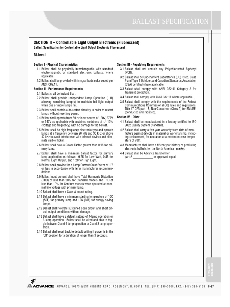 Ballast Specification: SECTION II - Controllable Light Output ...