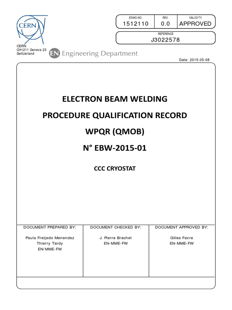 Electron Beam Welding Procedure Qualification Record WPQR (Qmob) EBW