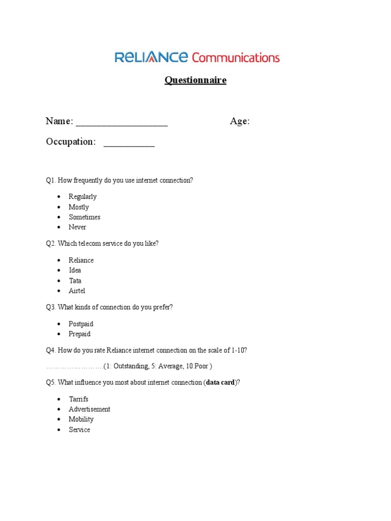 Reliance Internet Usage Questionnaire | PDF
