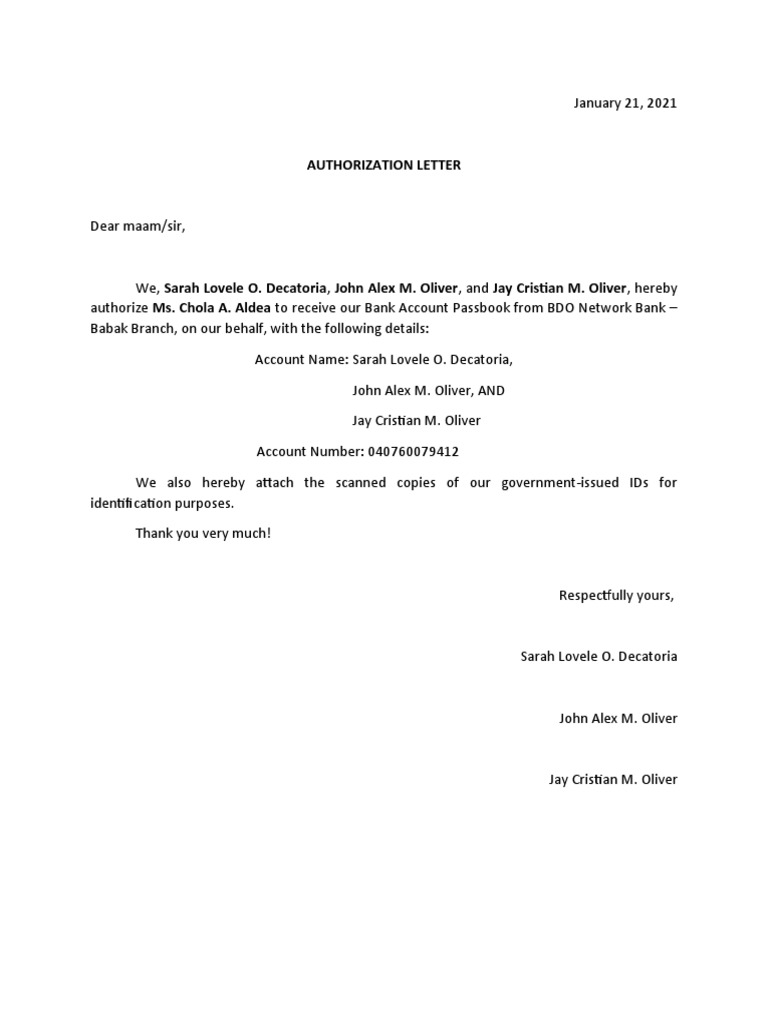 Authorization Letter Passbook PDF