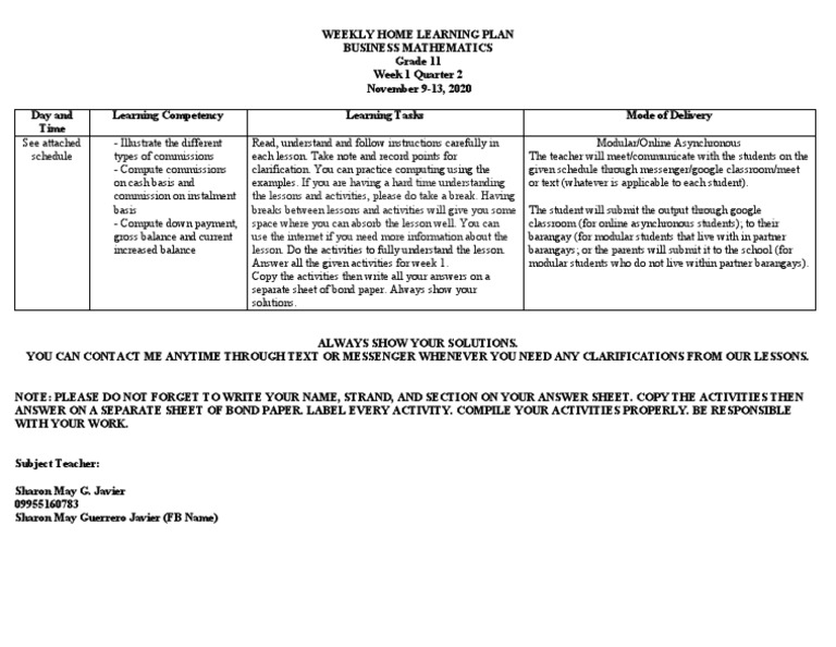 Grade 11 Business Math Plan | PDF | Classroom | Education Theory