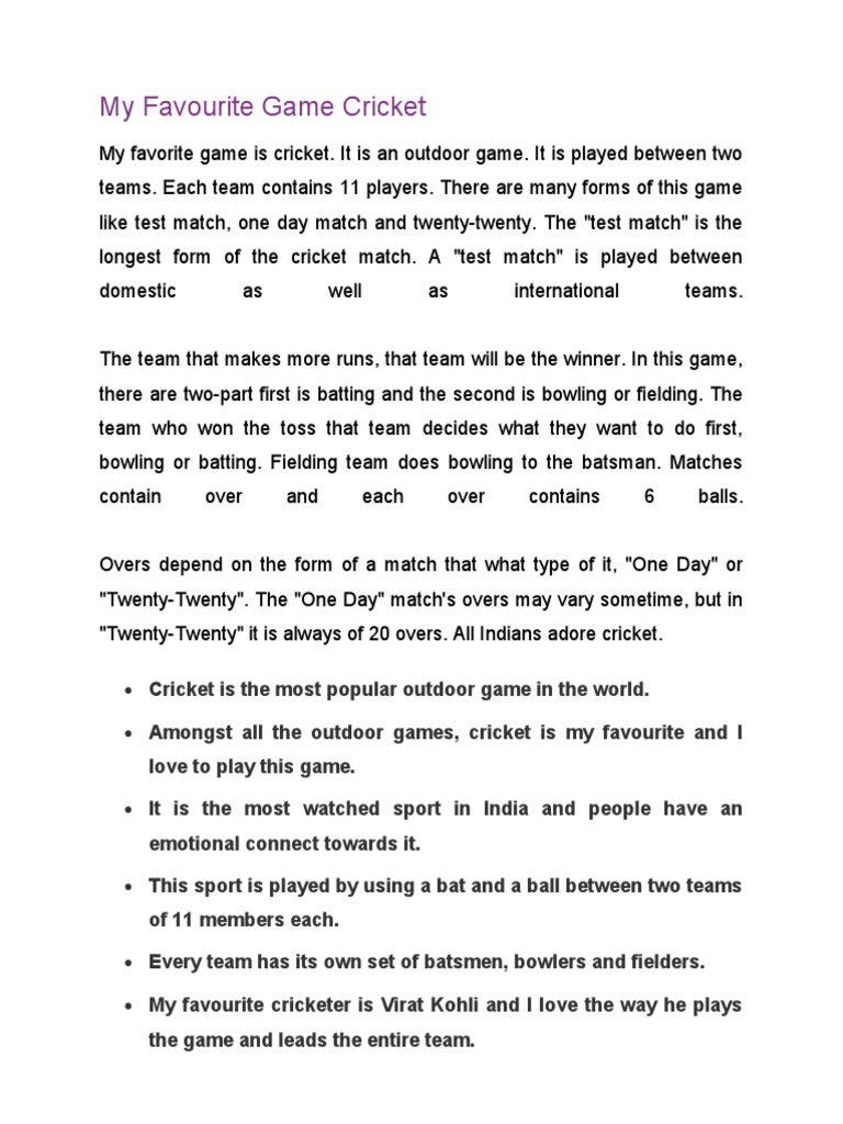 My Favourite Game Cricket | PDF | Cricket | Ball And Bat Games