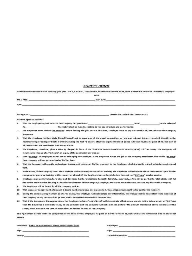Employee Contract Suerty Bond Final On Stamp Paper PDF Surety