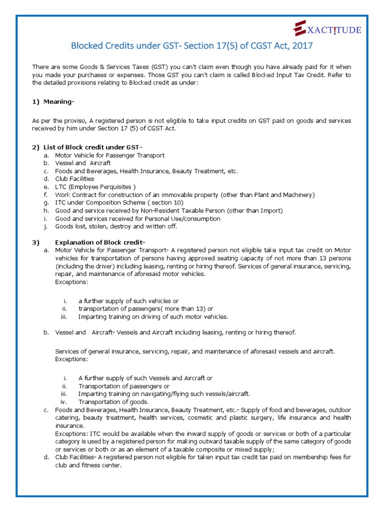Block Credit Under GST PDF Employee Benefits Tax Credit