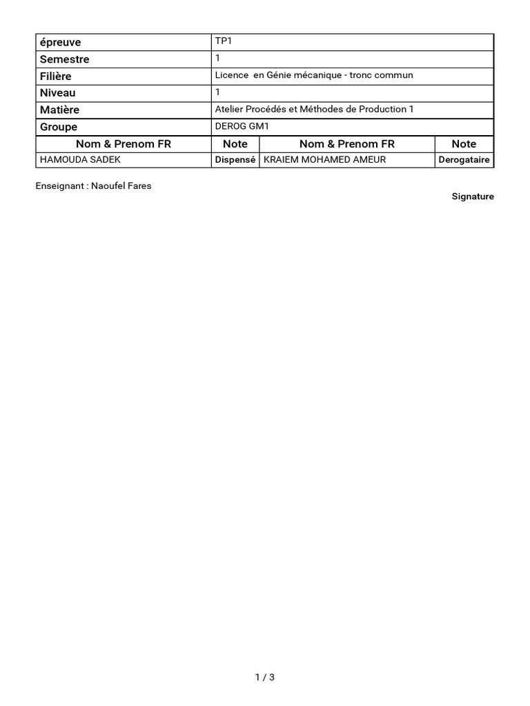 Résultats TP1 Génie Mécanique | PDF
