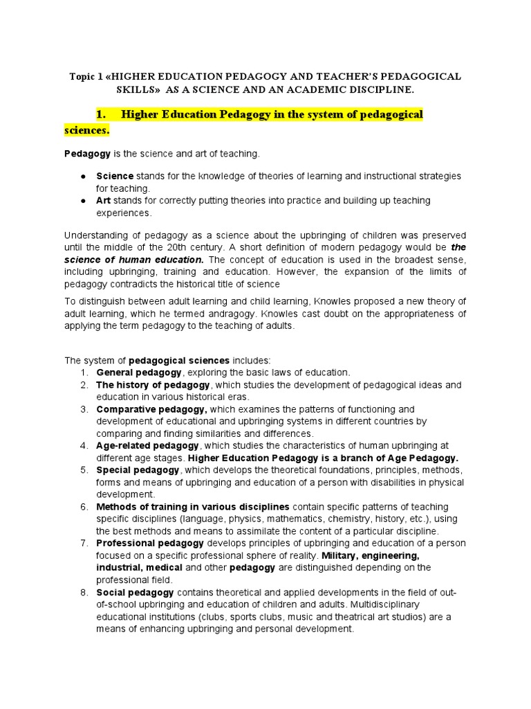 Higher Education Pedagogy in The System of Pedagogical Sciences | PDF ...