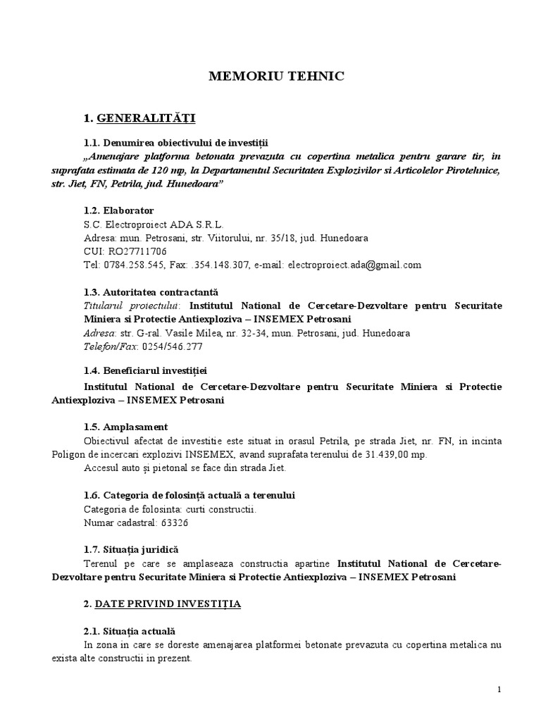 Memoriu Tehnic Petrila