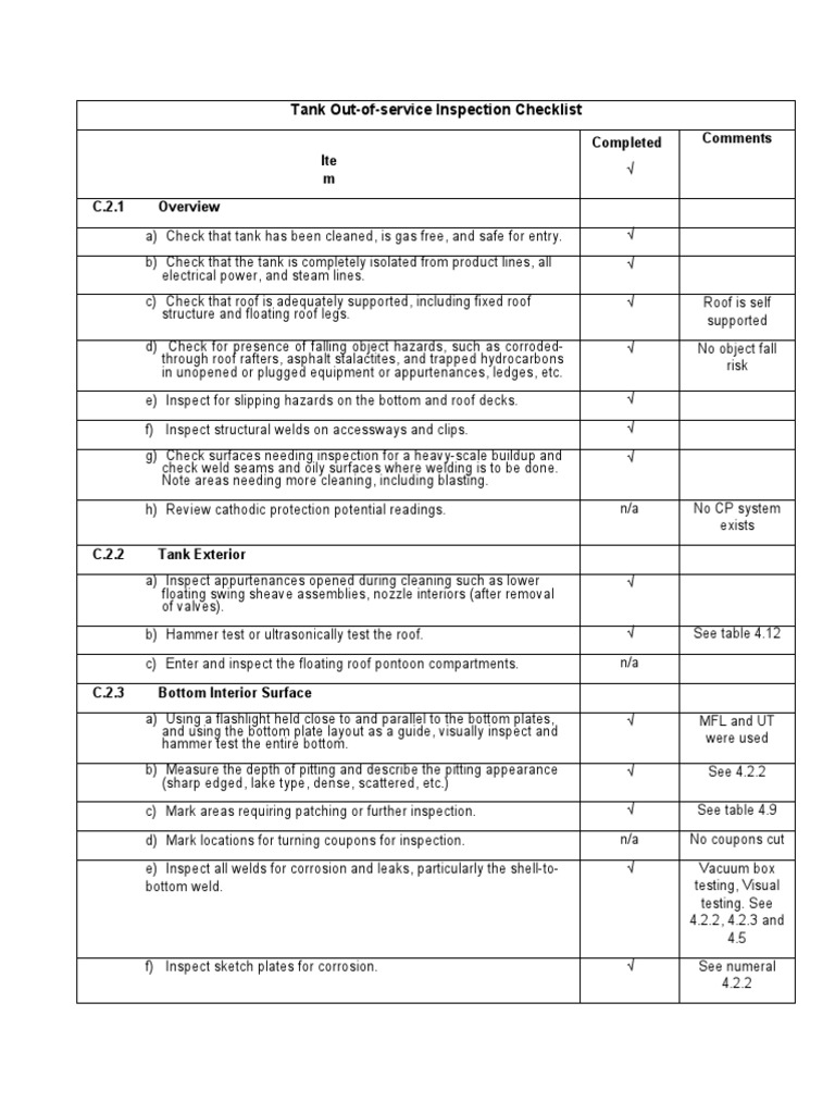 Tank Out of Service Inspection Checklist | PDF | Stairs | Leak