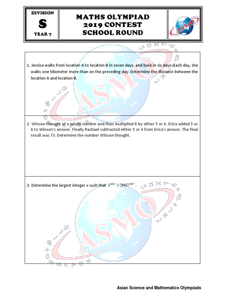 Grade 7 Maths Olympiad 2019 Paper | PDF | Triangle | Numbers