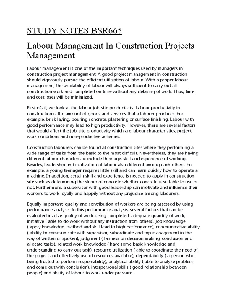 Labour Management in Construction Projects | PDF | Labour Economics ...
