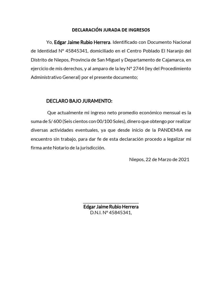 Declaración Jurada de Ingresos 2021 | PDF