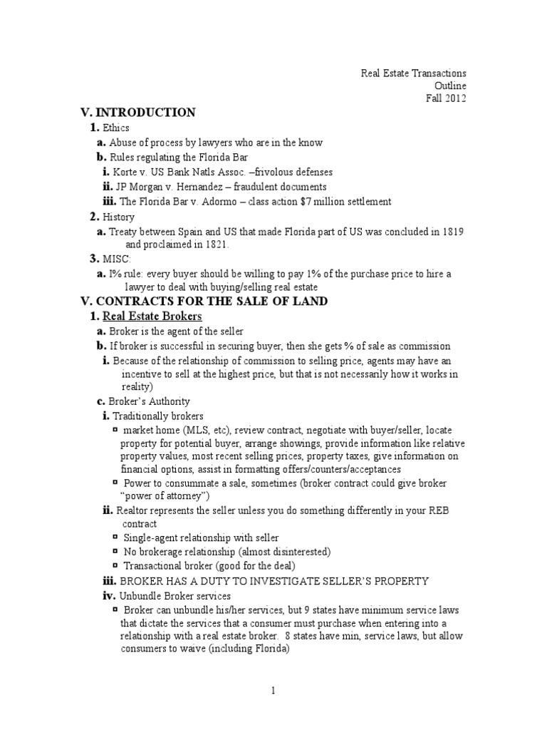 OUTLINE Real Estate Transactions PDF Real Estate Broker