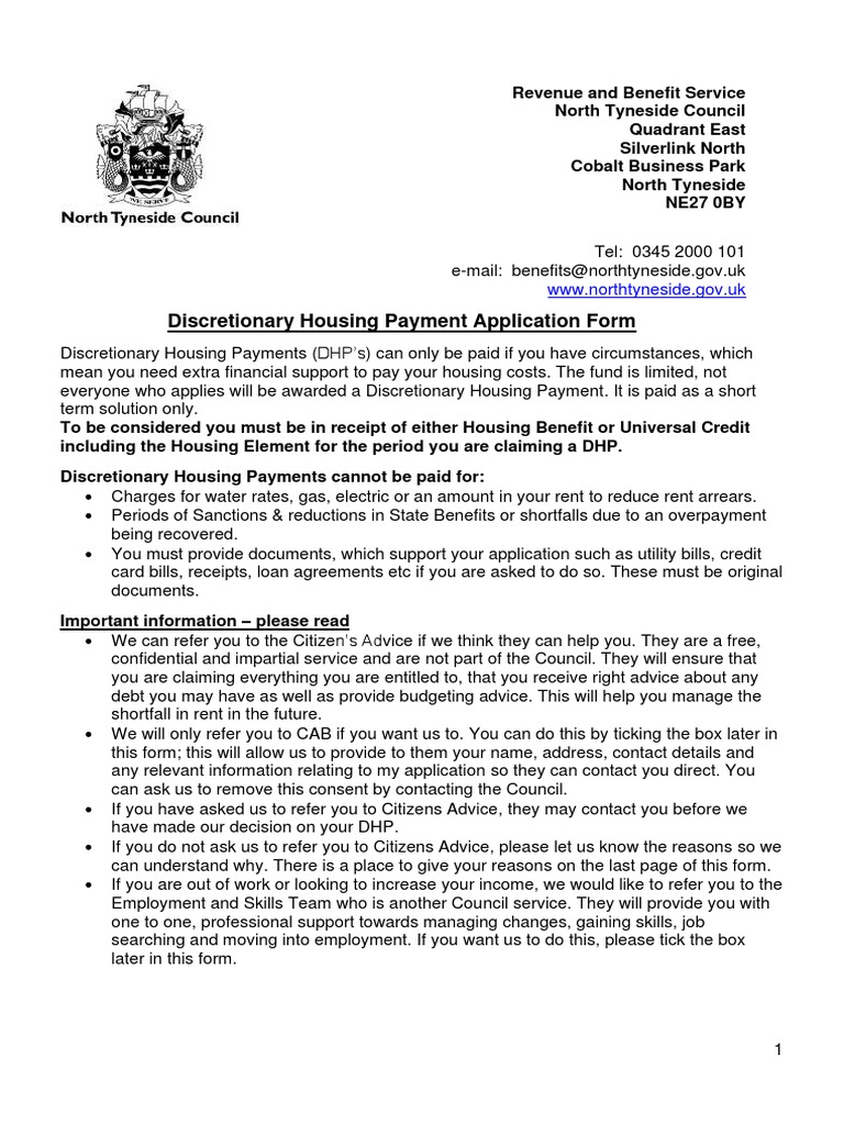 Discretionary Housing Payment Application Form WWW Northtyneside.gov
