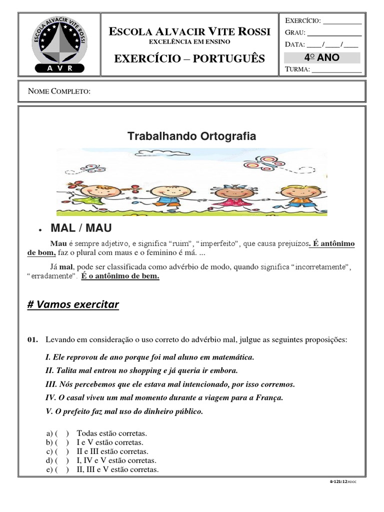 Atividades sobre Mal e Mau para 4º Ano | PDF