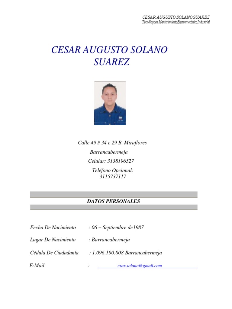 Hoja de Vida..Cesar Solano - Tecnologo Electromecanico 02-2021 | PDF |  Science | Ciencia y Tecnología