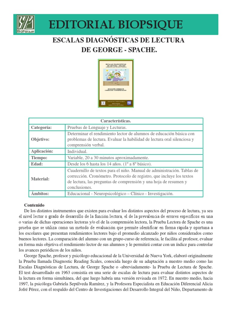 Escalas Diagnósticas de Lectura Spache | PDF | Comprensión lectora ...