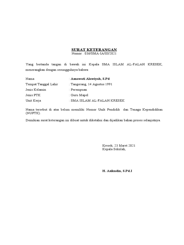 Surat Keterangan Belum Punya Kartu Nuptk Pdf