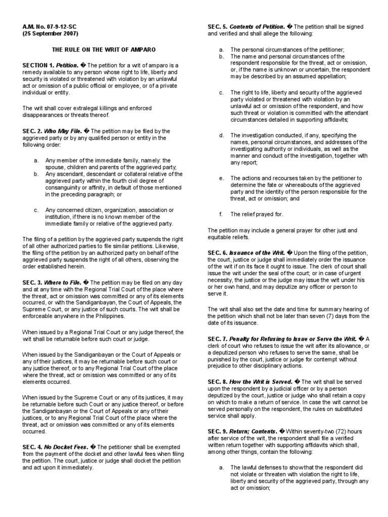 SpecPro-Rules On The Writ of Amparo AM 07-9-12-SC | PDF