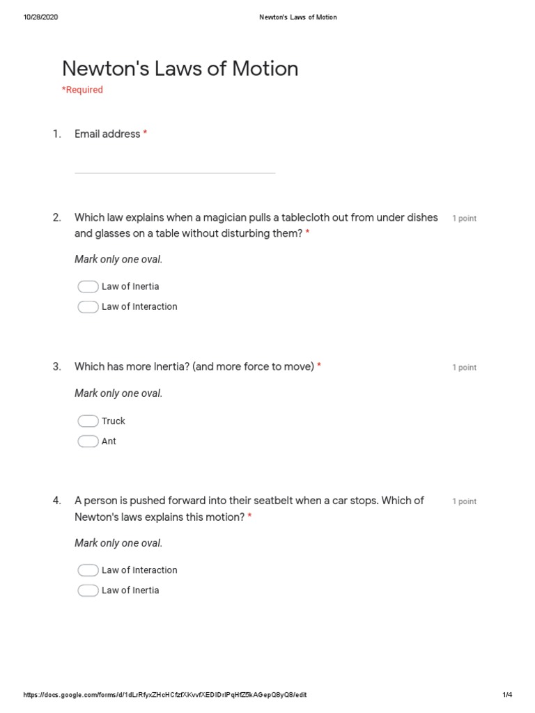 LAWS OF MOTION Google Forms PRINTED PDF Newton's Laws Of Motion