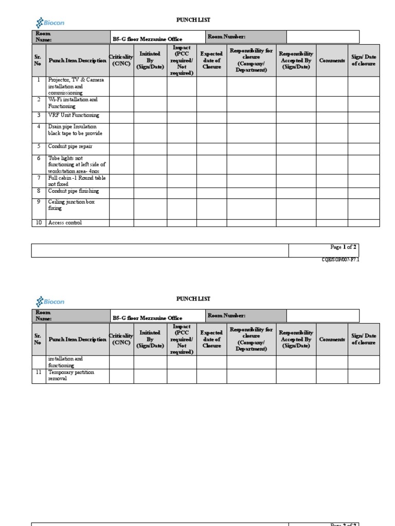 Punch List Format PDF Manufactured Goods Equipment