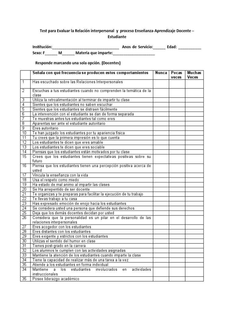Test de Relaciones Interpersonales Docente-Estudiante | PDF | La ...