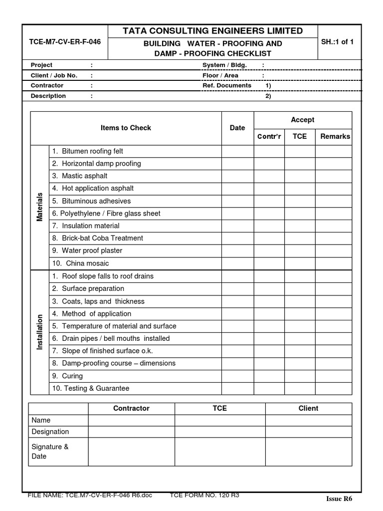 Waterproofing and Damp Proofing Checklist | PDF