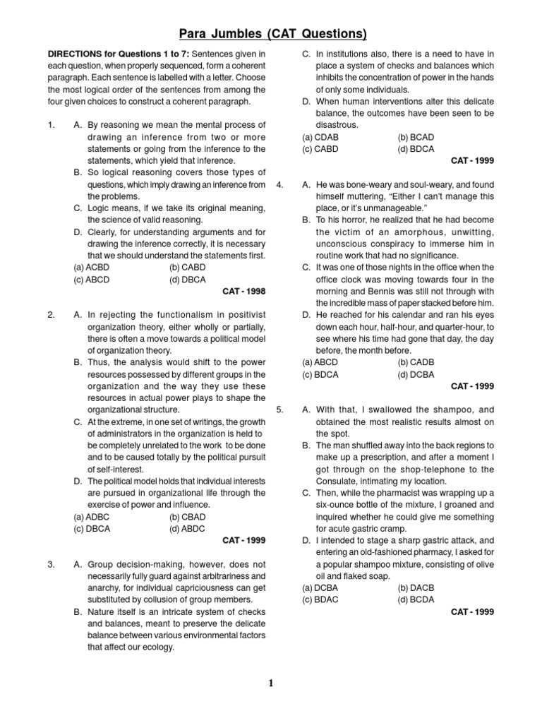 CAT Para Jumbles Practice Questions | PDF | Equator | Fuels