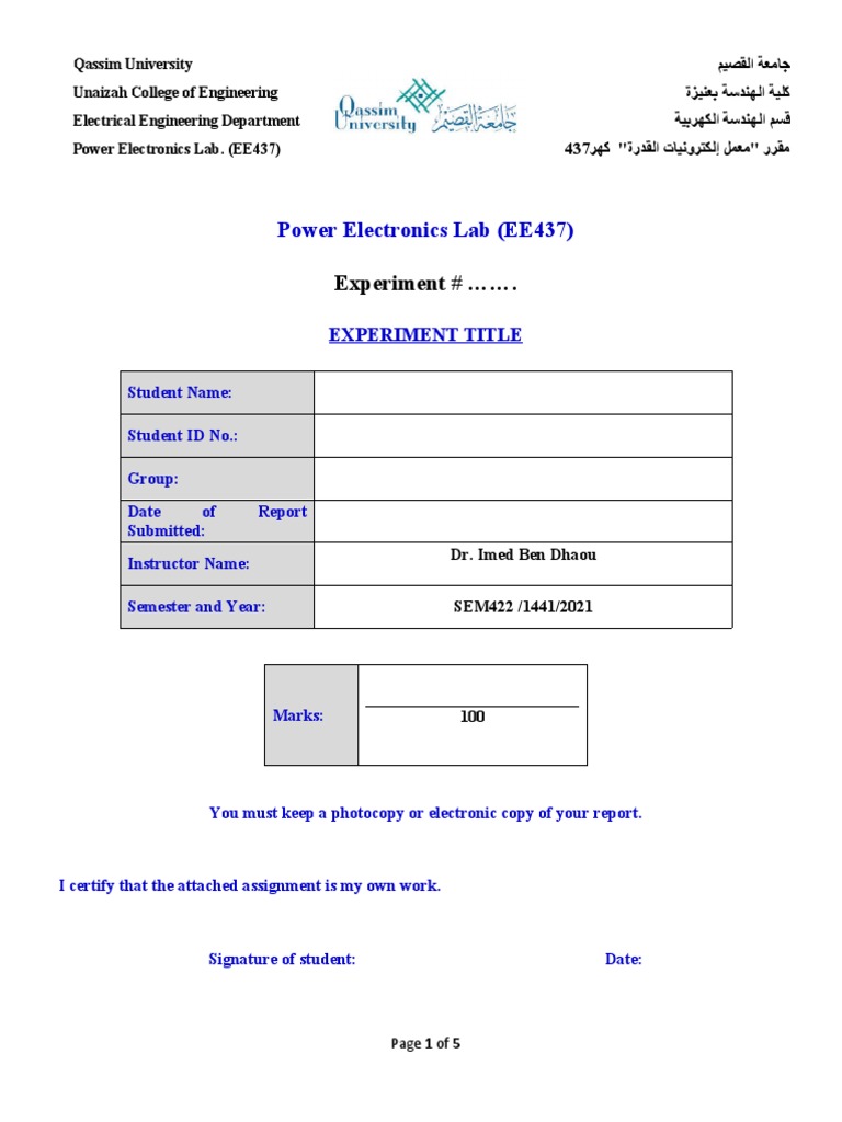 EE437 Power Electronics Lab Report Template | PDF | Experiment ...