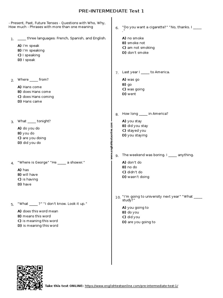 22 - Pre Intermediate Test 1 | PDF