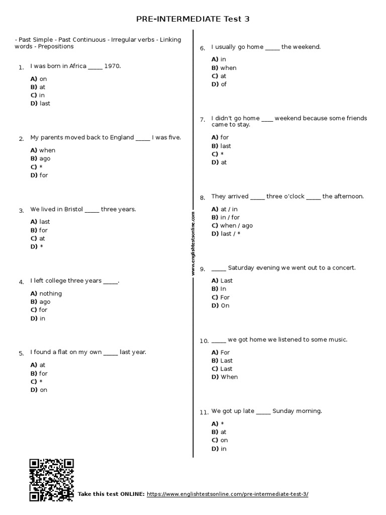 Pre-Intermediate Test 3 Answers | PDF