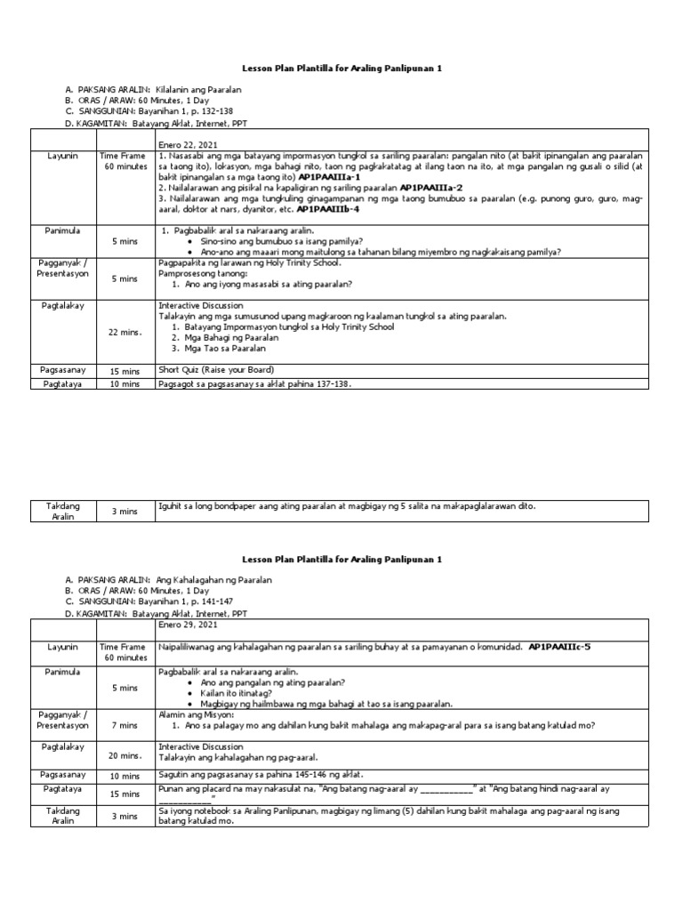 Lesson Plan Plantilla For Araling Panlipunan 1 | PDF